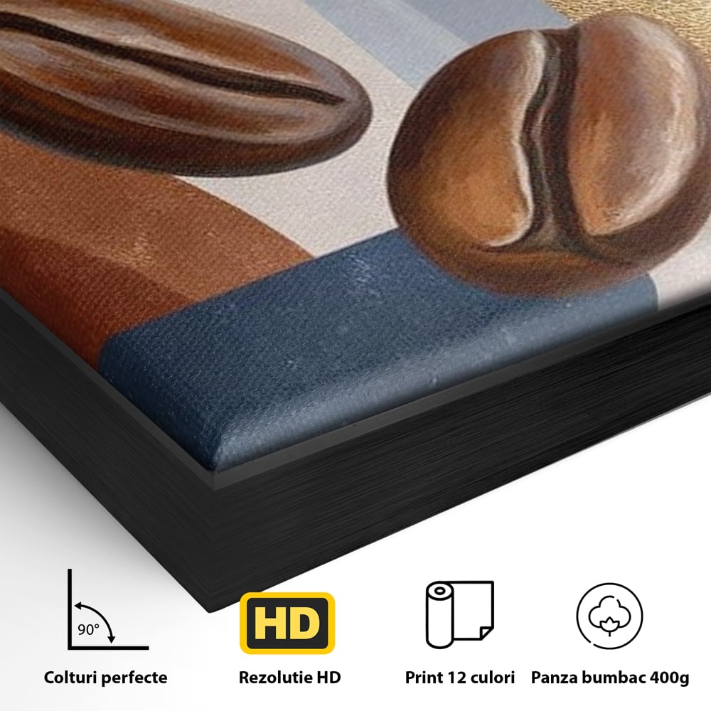 Detaliu al suprafetei: tablou canvas cu boabe de cafea, in rama de aluminiu negru